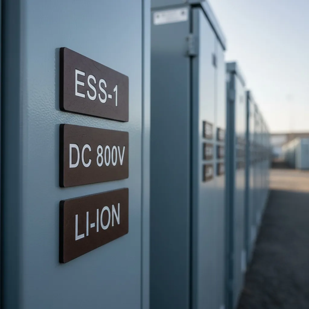 Battery Storage and ESS Labels, battery energy storage cabinet with engraved phenolic warning labels on the access door, shown as an example of engraved phenolic product for Renewable Energy.