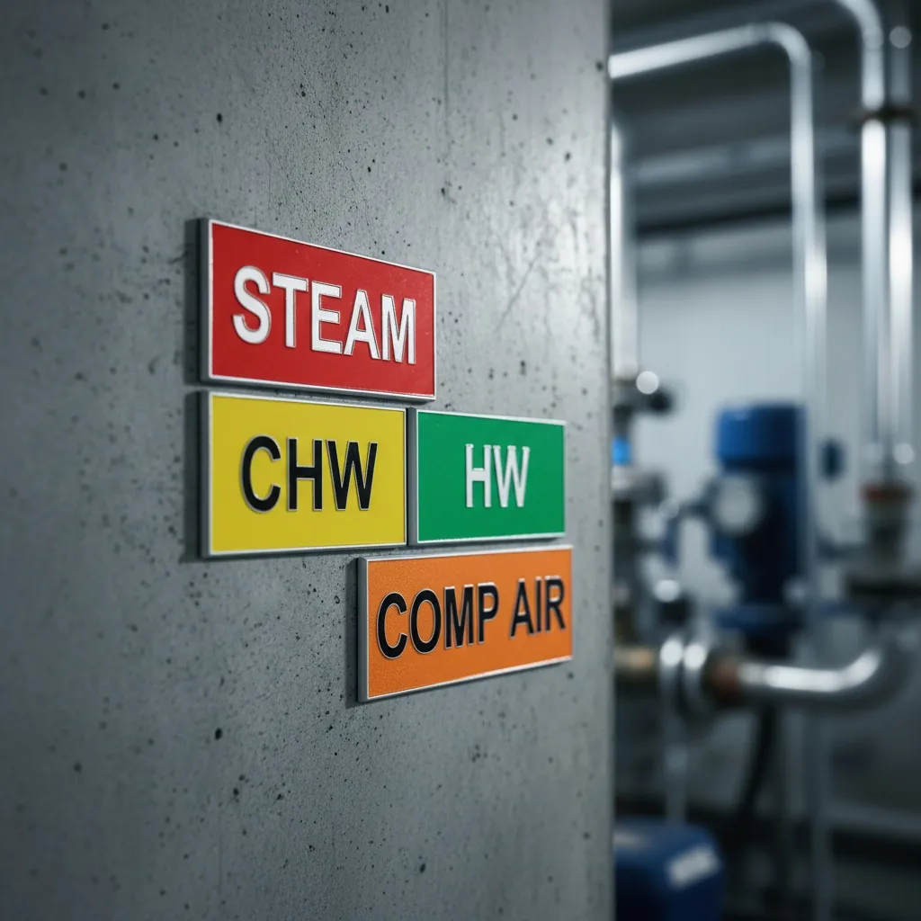 Color-Coded System Tags, wall-mounted grouping of lamacoid tags in four ANSI-standard color combinations, red, shown as an example of engraved lamacoid tags from Custom Phenolic Labels.