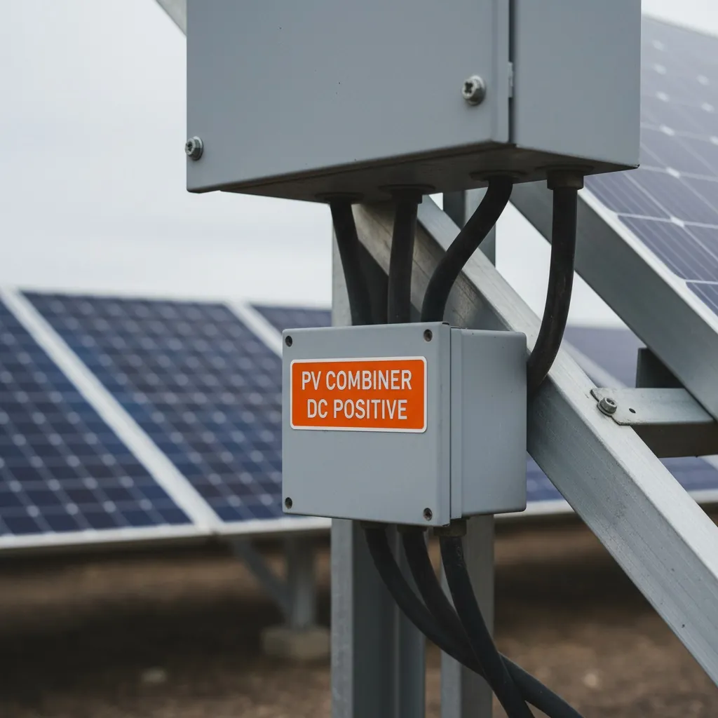 Combiner Box & Junction Labels Combiner Box & Junction Labels, grey DC combiner box mounted on a solar array frame with orange-on-white engraved phenolic warning labels on the enclosure door, shown as an example of engraved solar pv labels from Custom Phenolic Labels.