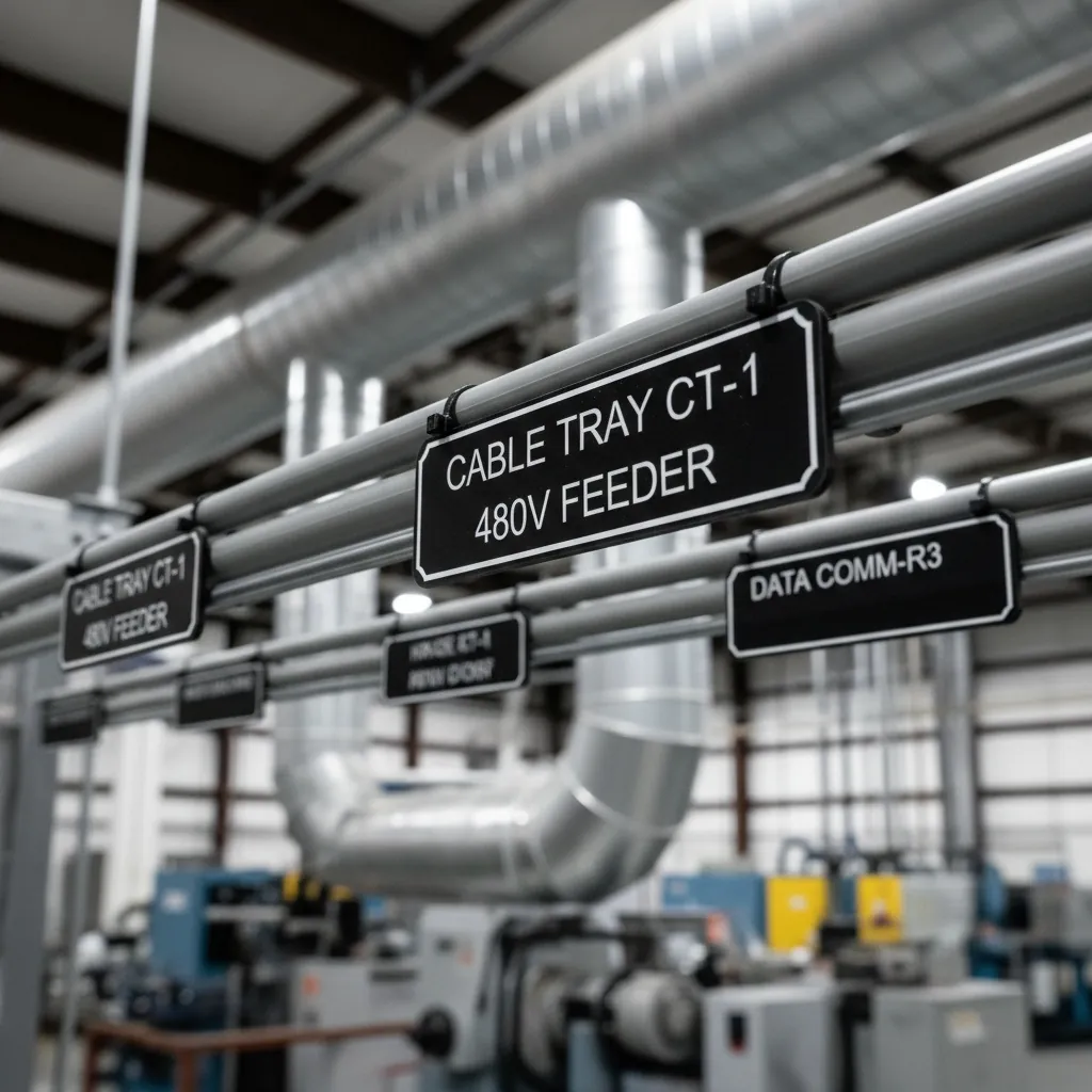 Conduit & Raceway Identification, overhead cable tray and grey conduit run with rectangular engraved black phenolic tags zip-tied at intervals along the run, shown as an example of engraved phenolic tags from Custom Phenolic Labels.