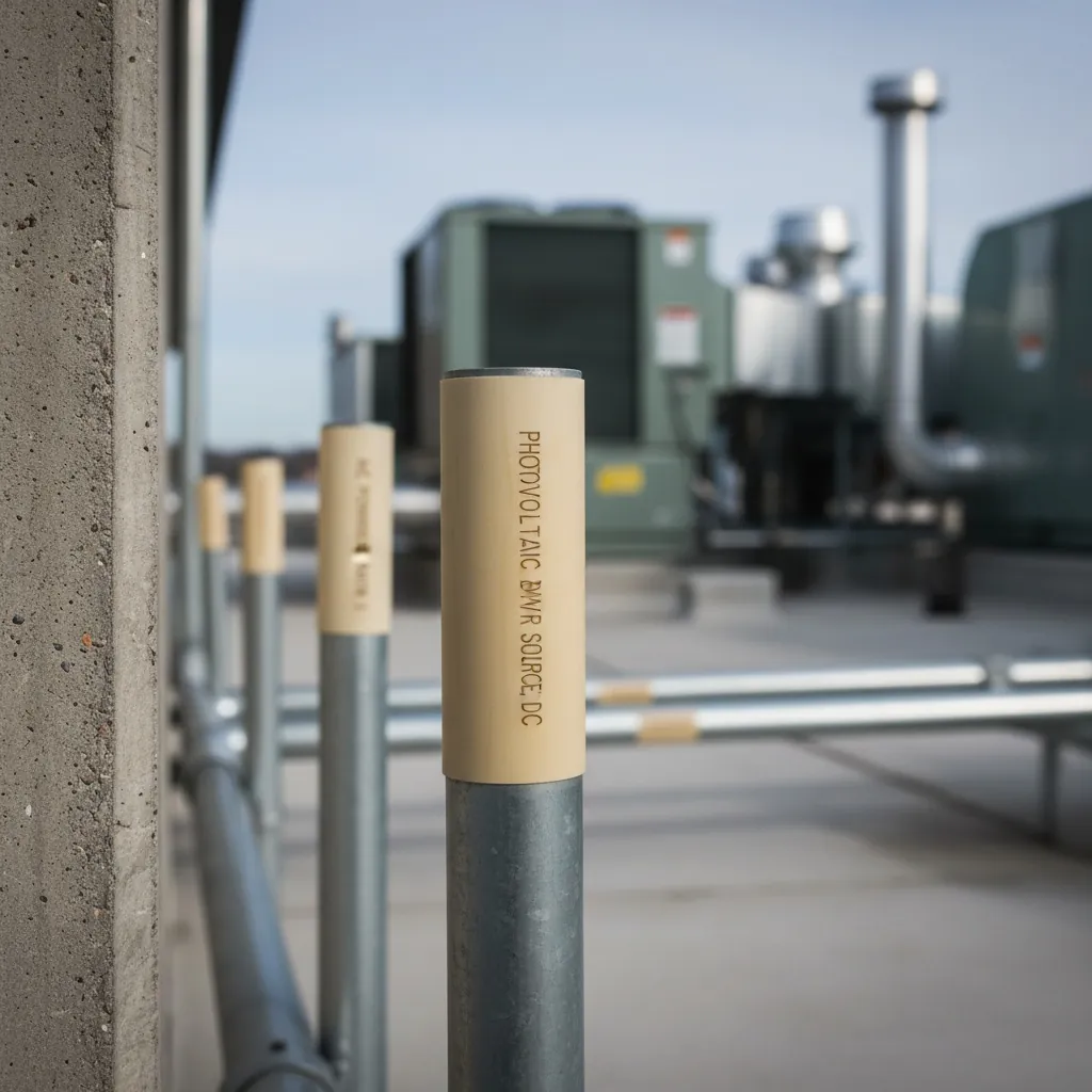Conduit & Raceway Run Labels Conduit & Raceway Run Labels, grey exterior electrical conduit run on a building wall with cylindrical engraved phenolic labels wrapped at intervals identifying DC and AC circuits, shown as an example of engraved solar pv labels from Custom Phenolic Labels.