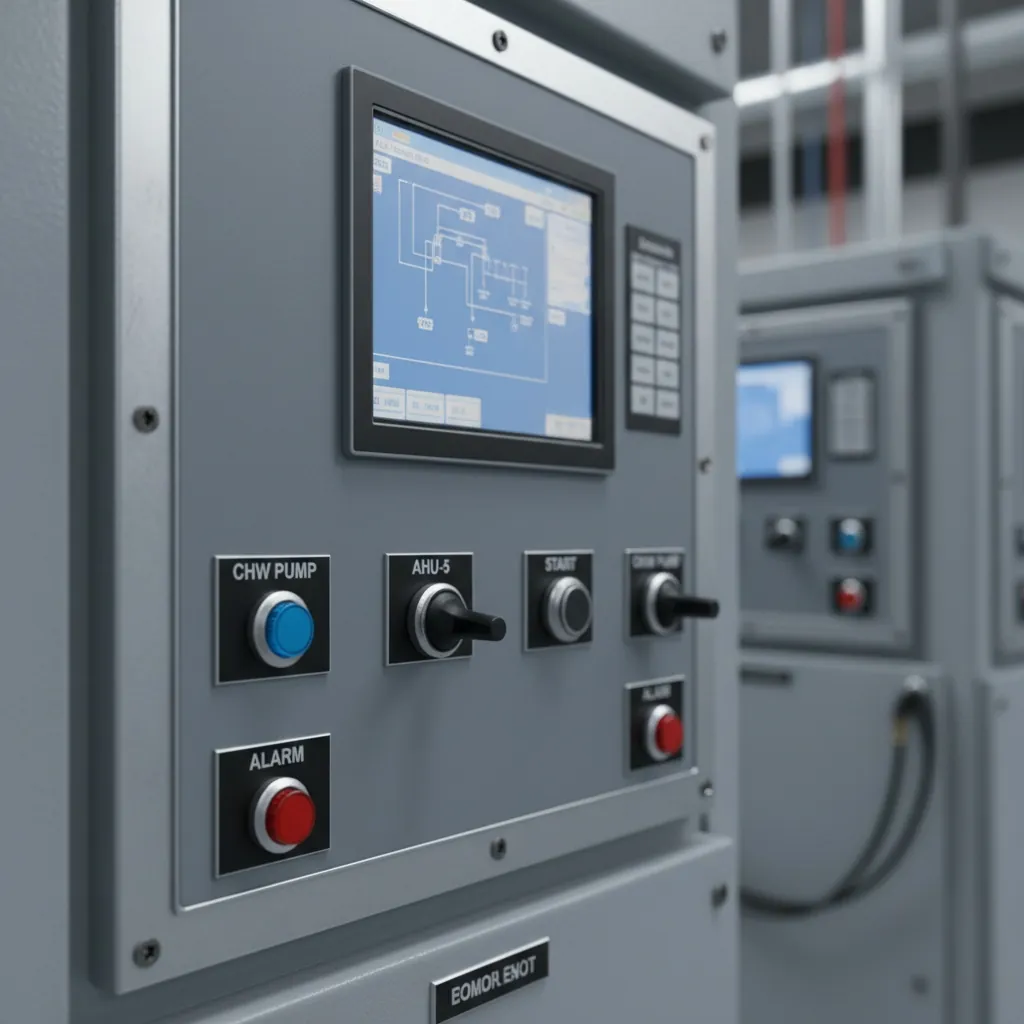Control Panel and BAS Labels, grey BAS control panel with an HMI touchscreen, shown as an example of engraved phenolic product for HVAC.