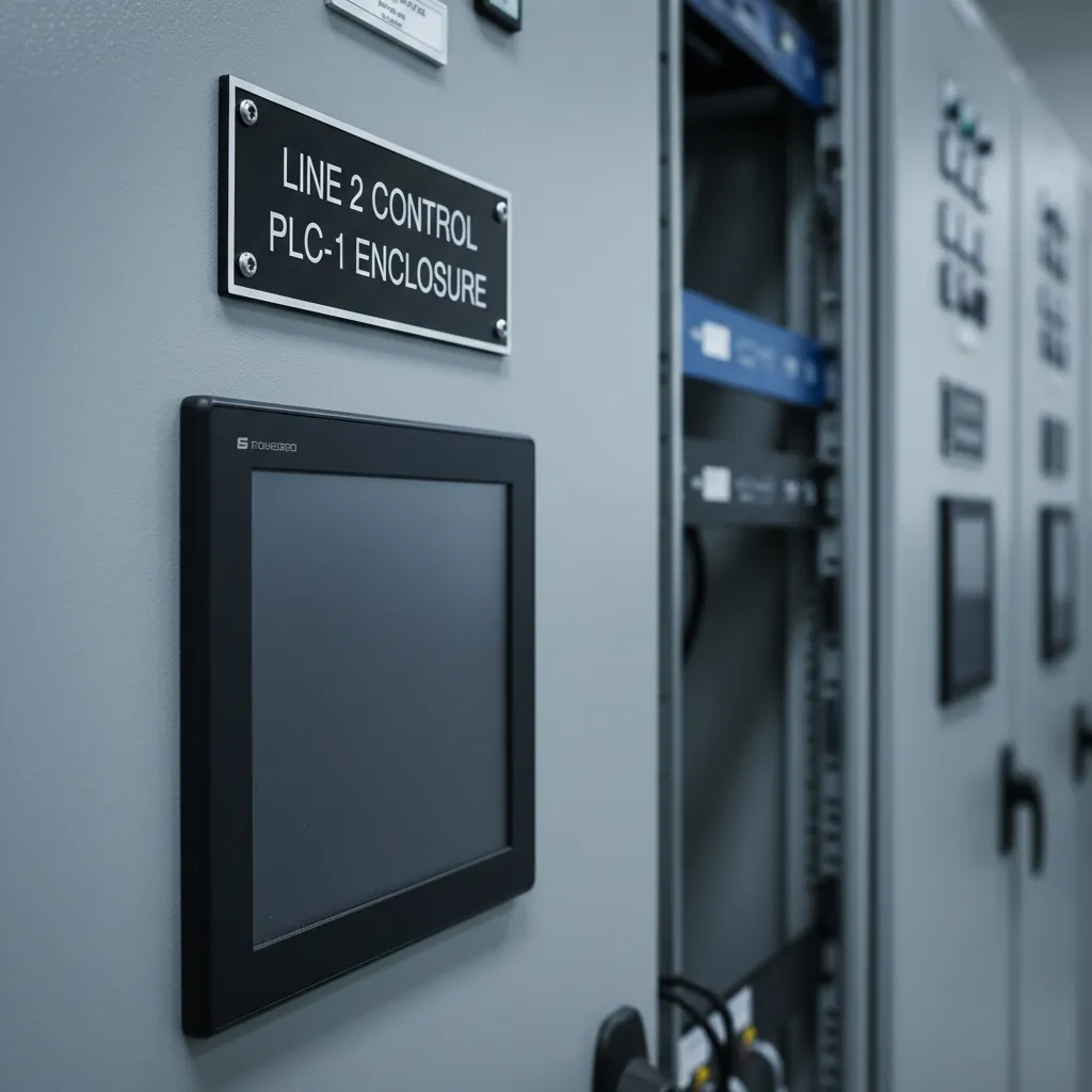 Control Panel Nameplates, grey metal industrial control panel enclosure with a large engraved black phenolic nameplate screwed to the enclosure door above an HMI touchscreen, shown as an example of engraved phenolic nameplates from Custom Phenolic Labels.