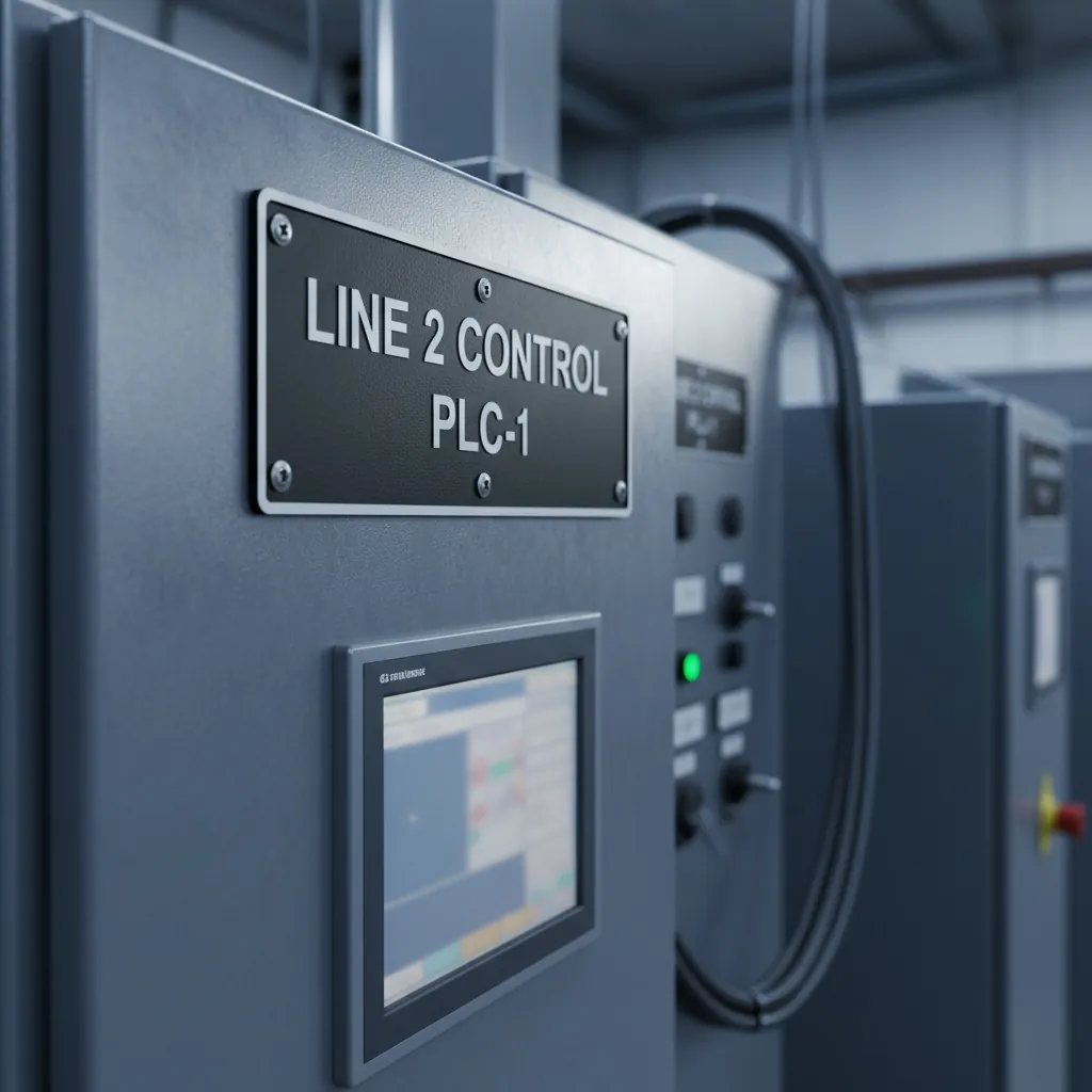 Control Panel Nameplates Control Panel Nameplates, grey metal industrial control panel enclosure with a large engraved black phenolic nameplate screwed to the enclosure door above a door-mounted HMI, shown as an example of engraved phenolic product for Industrial Automation.