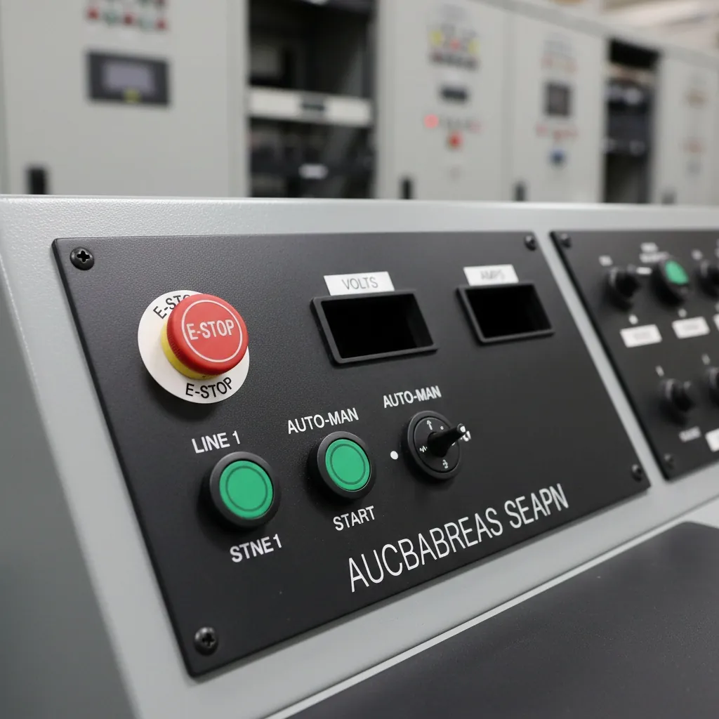 Custom Engraved Operator Panels Custom Engraved Operator Panels, wide black phenolic operator console faceplate in a grey steel desk, shown as an example of engraved phenolic product for Industrial Automation.