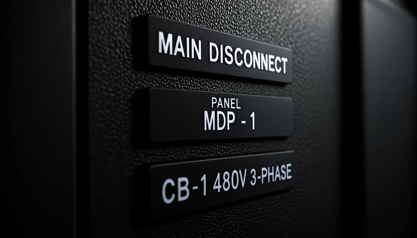 Custom engraved phenolic labels installed on industrial electrical equipment, hero image for the Phenolic Labels service page at Custom Phenolic Labels.
