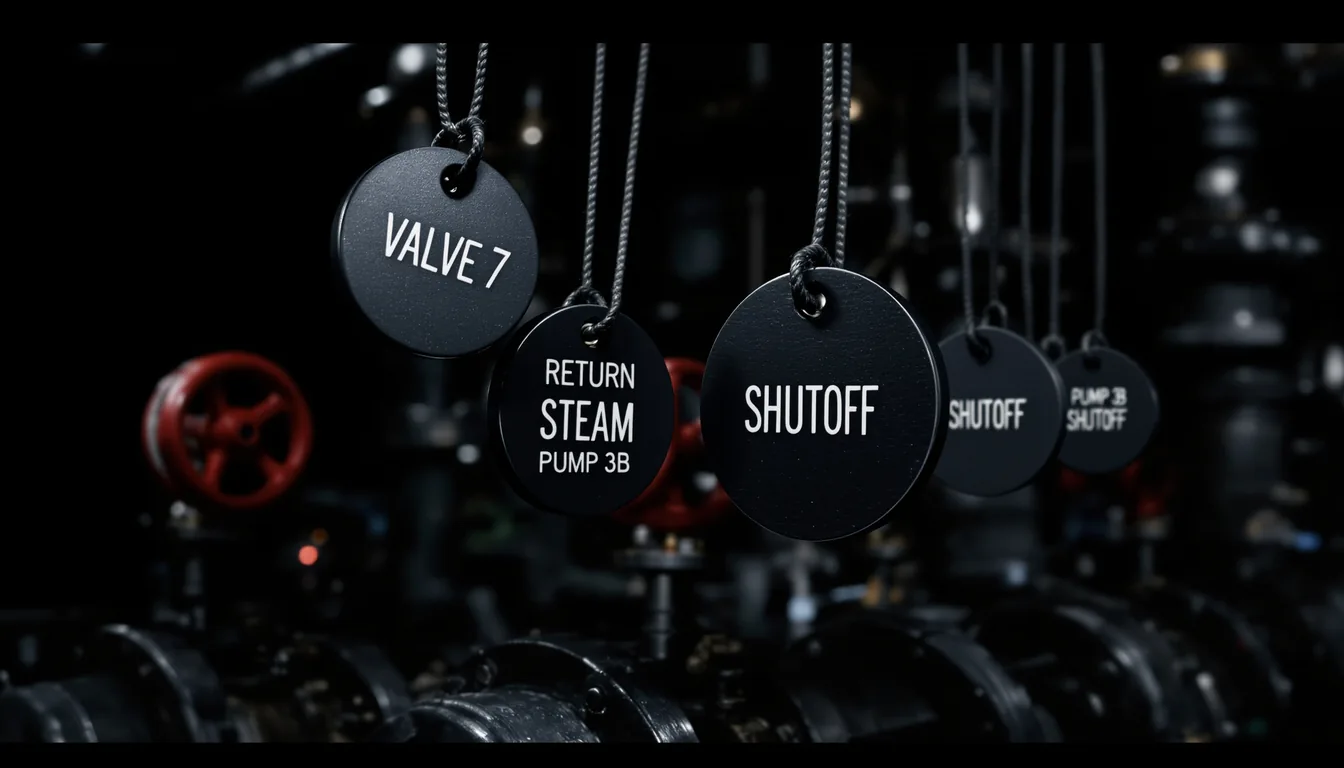 Custom engraved phenolic tags installed on industrial electrical equipment, hero image for the Phenolic Tags service page at Custom Phenolic Labels.