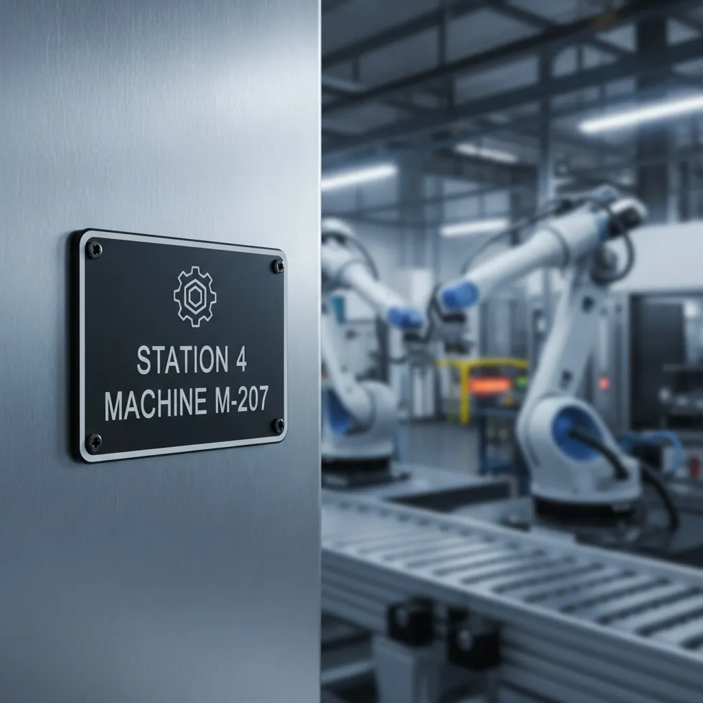 Custom Logos & Graphics, rectangular engraved black phenolic nameplate with a vector-engraved generic industrial logo mark and equipment text on a stainless steel machine panel, shown as an example of engraved phenolic nameplates from Custom Phenolic Labels.