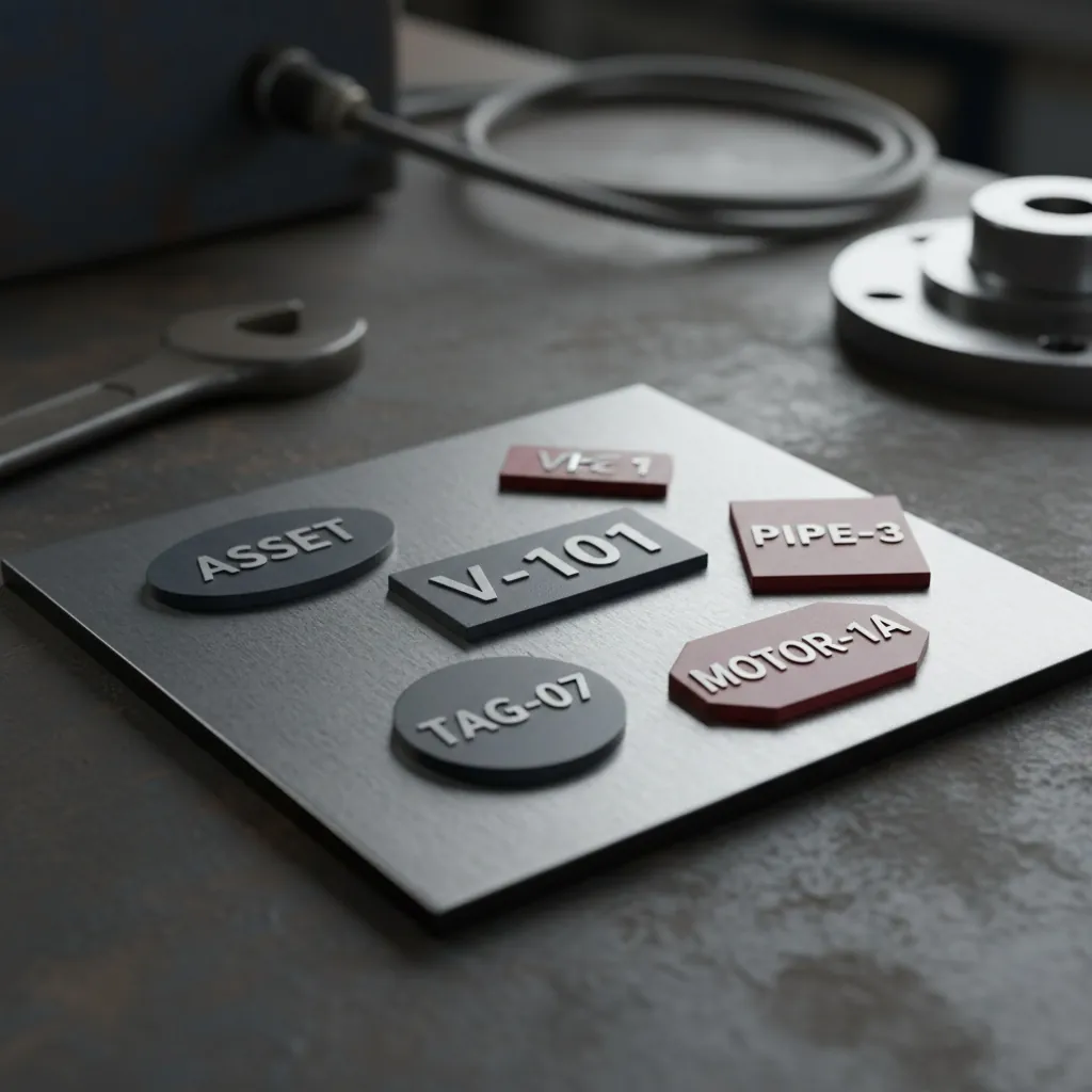 Custom Shapes & Sizes, overhead arrangement of engraved phenolic tags in various shapes and sizes, round, shown as an example of engraved phenolic tags from Custom Phenolic Labels.
