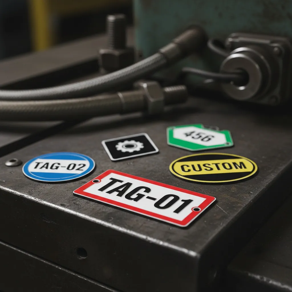 Custom Tag Shapes & Profiles, overhead arrangement of lamacoid tags in different shapes, rectangular, shown as an example of engraved lamacoid tags from Custom Phenolic Labels.