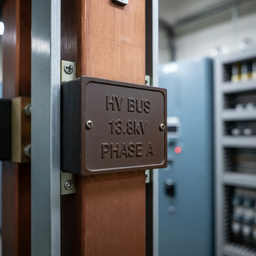 Electrical Insulation Labels, detail shot of a thick dark-brown Bakelite-style label mounted on the phenolic insulator of a medium-voltage bus connection, shown as an example of engraved bakelite labels from Custom Phenolic Labels.