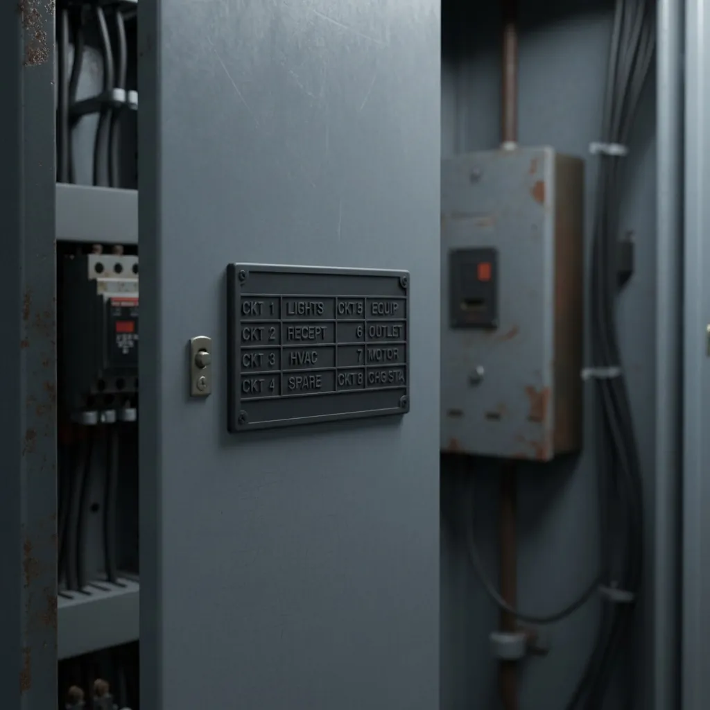 Electrical Panel Directory Labels, vintage grey electrical panel door swung open showing a dark Bakelite-style engraved circuit directory plate with two columns of circuit identification, shown as an example of engraved bakelite labels from Custom Phenolic Labels.