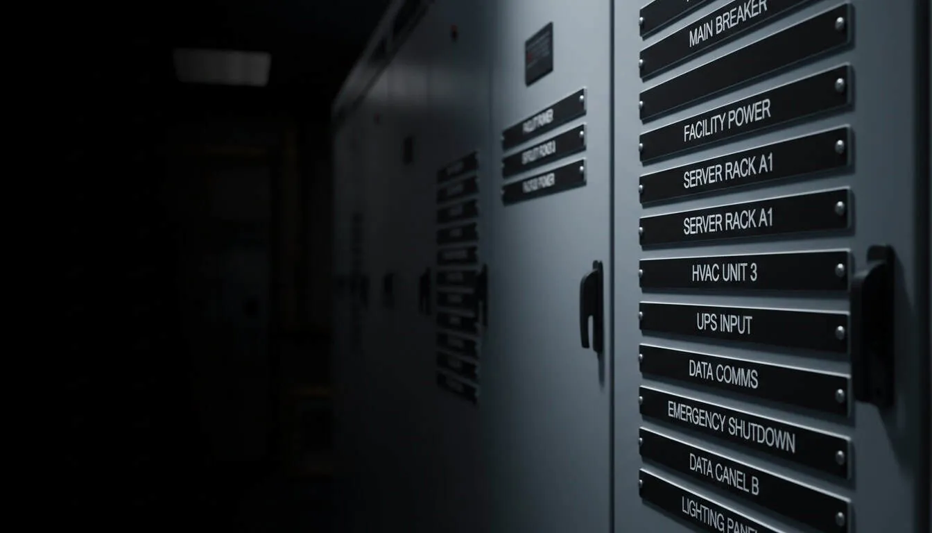 Engraved phenolic labels on tech campus equipment in San Jose, CA, hero image for the San Jose, CA location page at Custom Phenolic Labels.