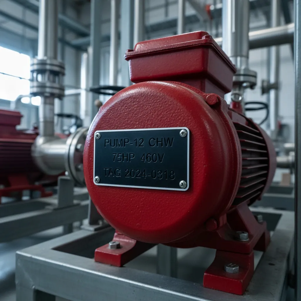 Equipment & Asset Identification, red industrial pump motor with a rectangular engraved black phenolic nameplate screwed to the motor housing, shown as an example of engraved phenolic labels from Custom Phenolic Labels.