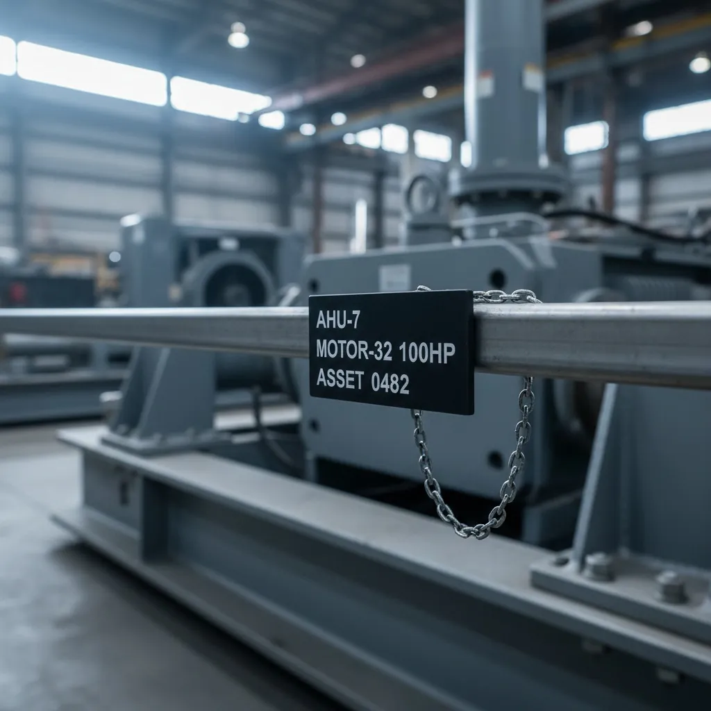 Equipment & Asset Tags, large grey rotating machinery skid with a rectangular engraved black phenolic equipment tag chain-mounted to a steel frame rail, shown as an example of engraved phenolic tags from Custom Phenolic Labels.