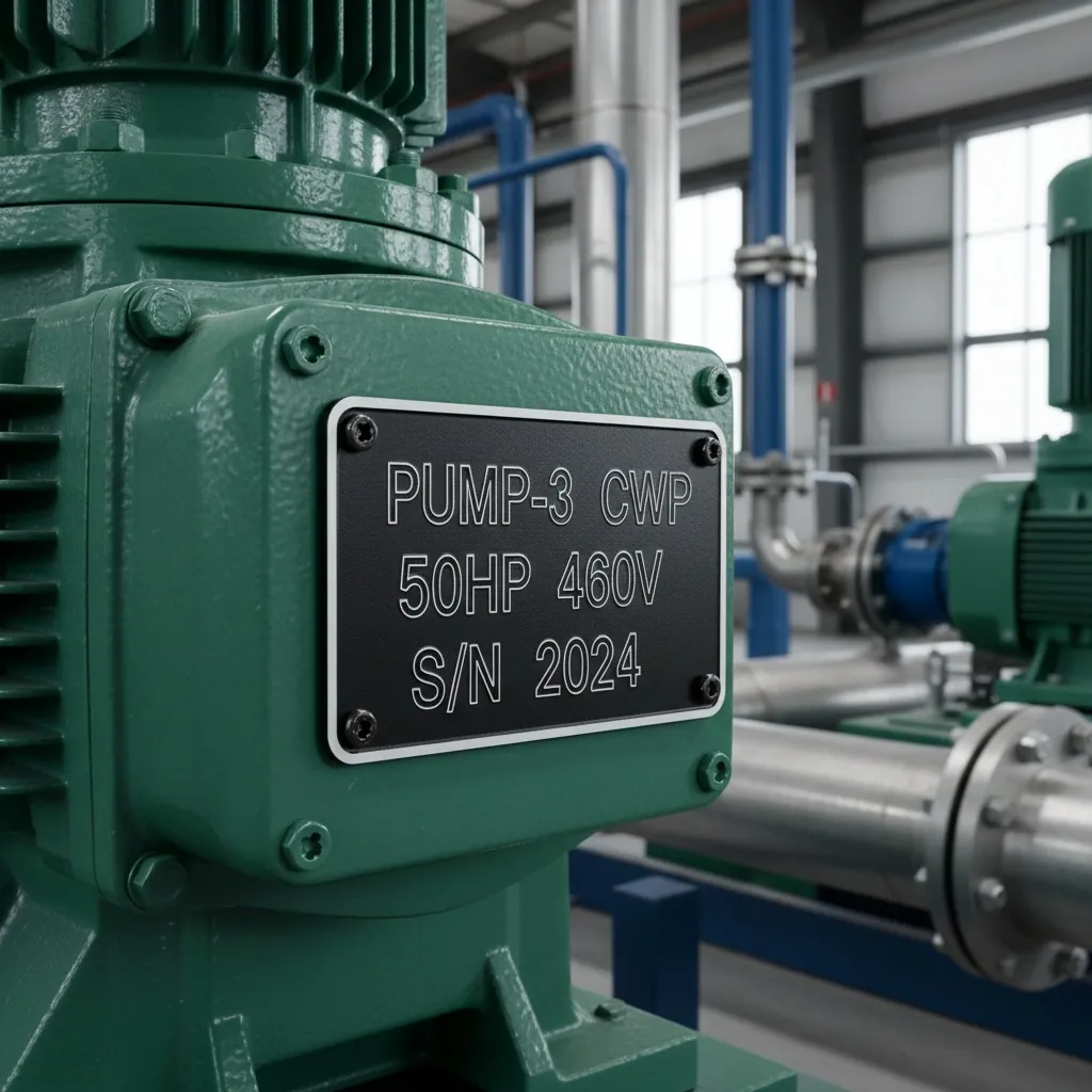 Equipment Identification Plates, green industrial pump skid with a large rectangular engraved black phenolic nameplate screwed to the pump housing, shown as an example of engraved phenolic nameplates from Custom Phenolic Labels.