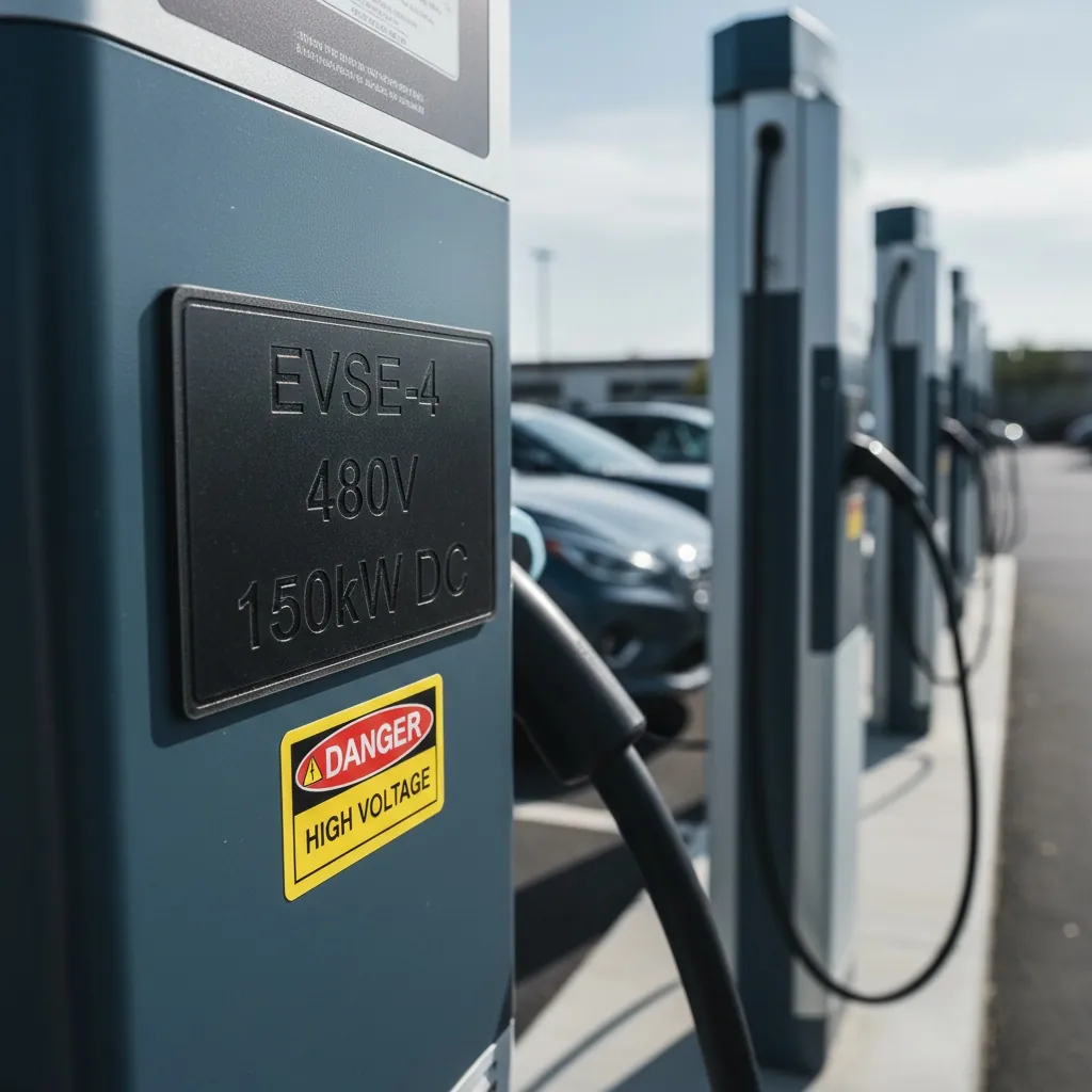 EV Charging and Grid Interconnection Labels, row of commercial EV charging stations with engraved phenolic identification labels and voltage warning labels on the pedestals, shown as an example of engraved phenolic product for Renewable Energy.