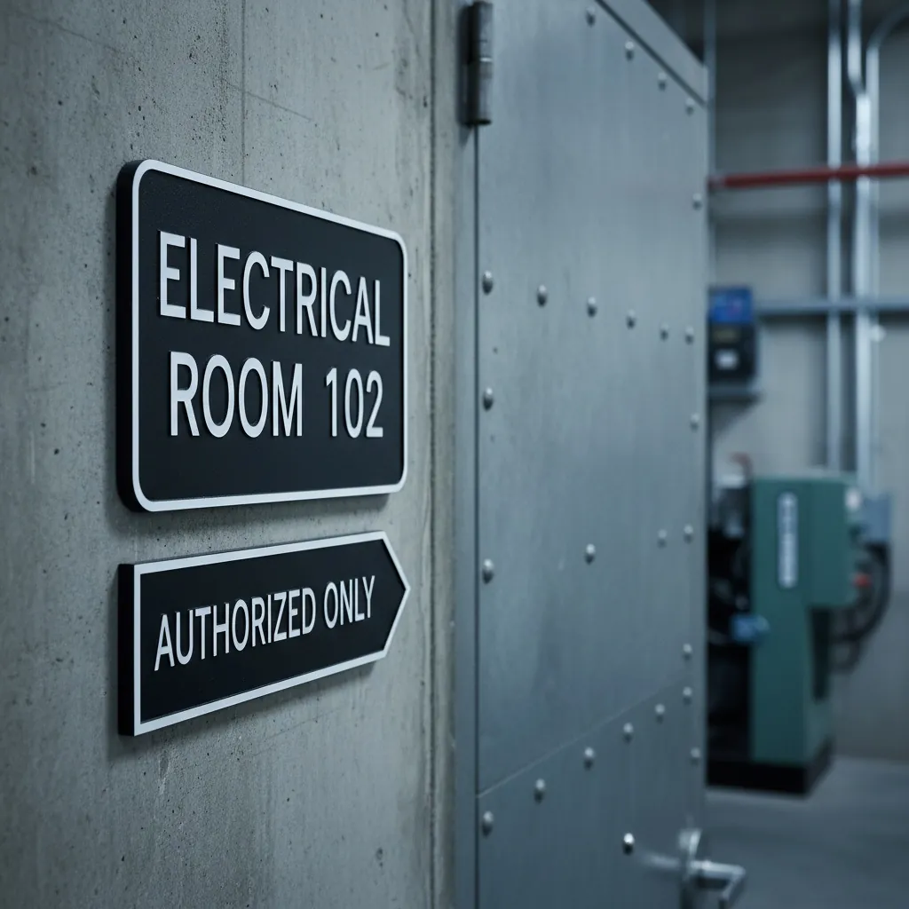 Facility & Building Signage, pair of engraved black phenolic facility signs mounted next to a heavy metal industrial door, one large room identification plate and one smaller directional plate, shown as an example of engraved phenolic nameplates from Custom Phenolic Labels.