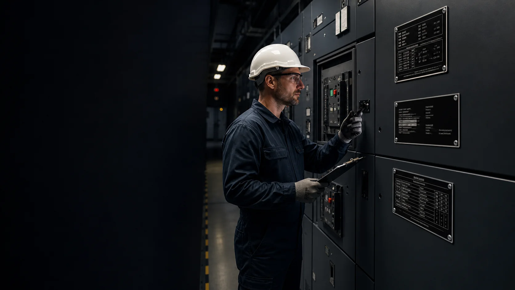 Electrical technician inspecting engraved identification on industrial switchgear