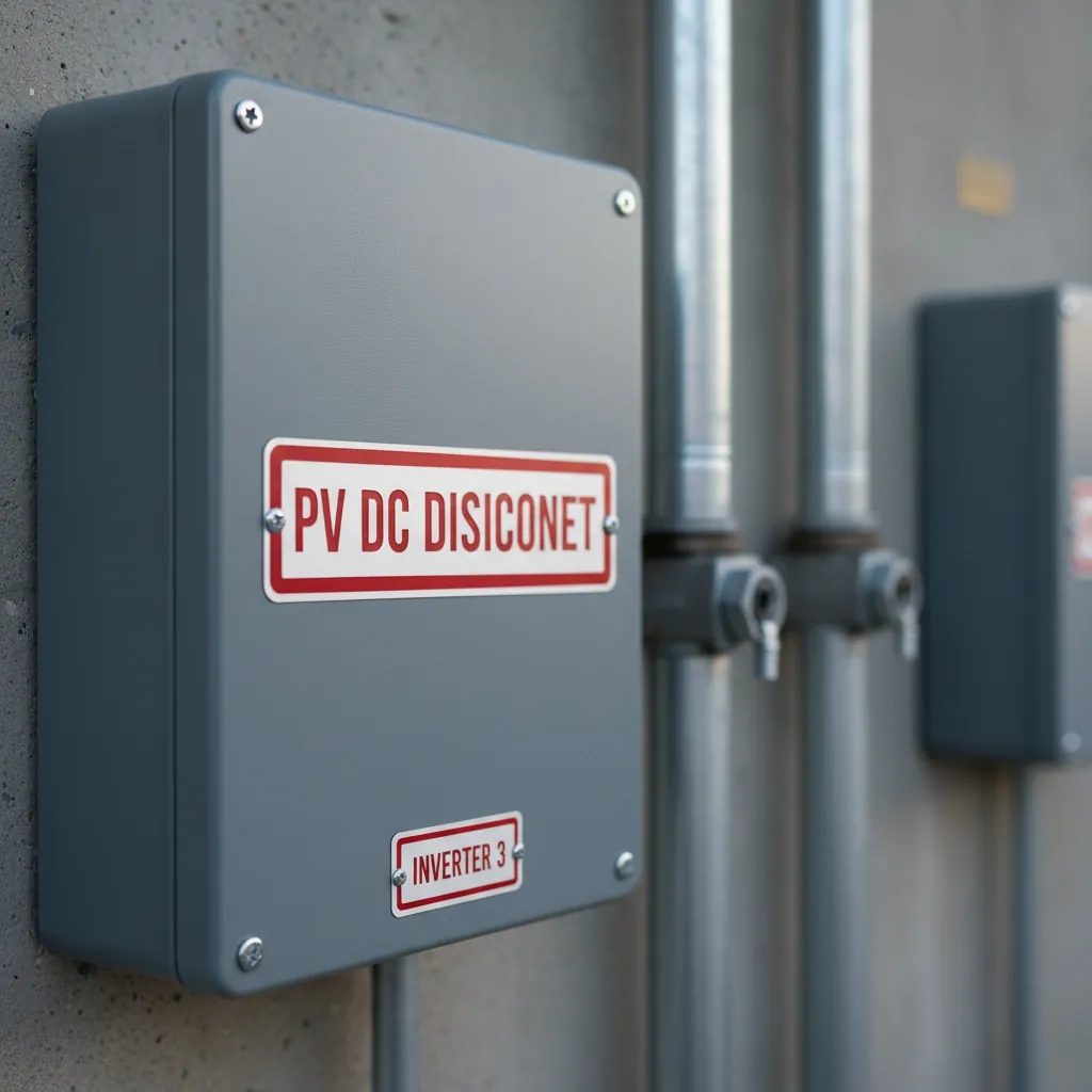 Inverter & Disconnect Labels Inverter & Disconnect Labels, grey string inverter mounted to a wall with red-on-white engraved phenolic warning labels and identification labels screwed to the inverter housing, shown as an example of engraved solar pv labels from Custom Phenolic Labels.
