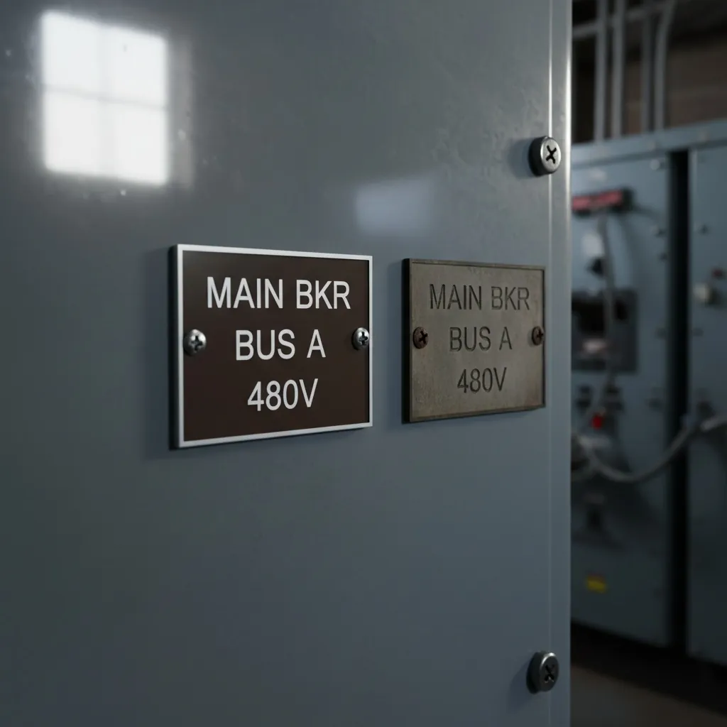 Legacy Equipment Replacement Labels, close-up of two dark-brown Bakelite-style replacement labels screwed to a vintage grey electrical cabinet, one newly installed, shown as an example of engraved bakelite labels from Custom Phenolic Labels.