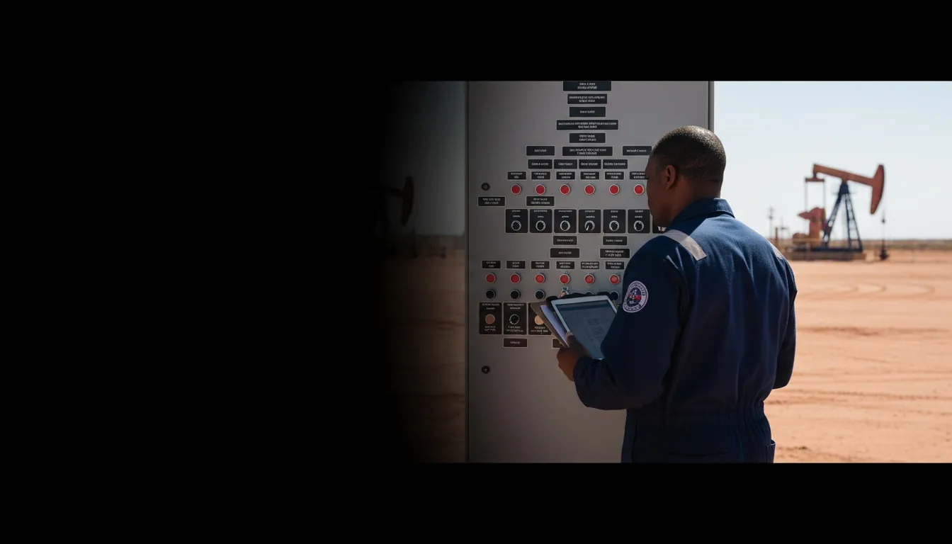 Legend plates for Midland, TX, worker in a locally-relevant environment with engraved labels visible, hero image with fade-to-black on the left for headline overlay.
