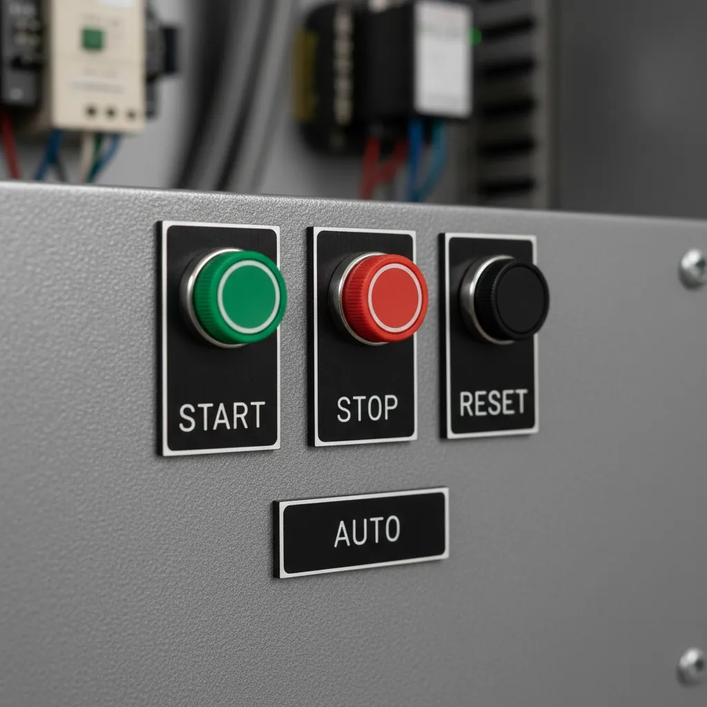 Legend Plates for Operator Devices Legend Plates for Operator Devices, close-up of 22mm pushbuttons in green, shown as an example of engraved phenolic product for Industrial Automation.