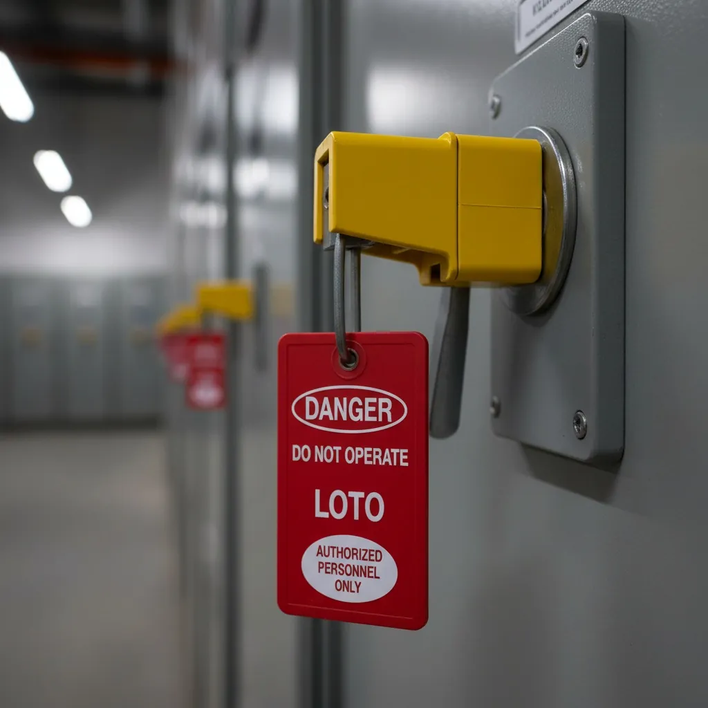 Maintenance & Service Tags, red-with-white-text DANGER lockout tag hanging from a grey electrical disconnect lever with a yellow lockout device installed, shown as an example of engraved lamacoid tags from Custom Phenolic Labels.