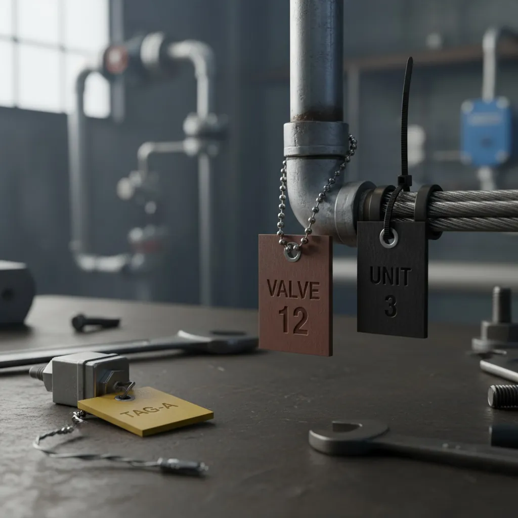 Mounting & Attachment Options, detail shot of engraved phenolic tags attached by different methods, one by stainless bead chain, shown as an example of engraved phenolic tags from Custom Phenolic Labels.