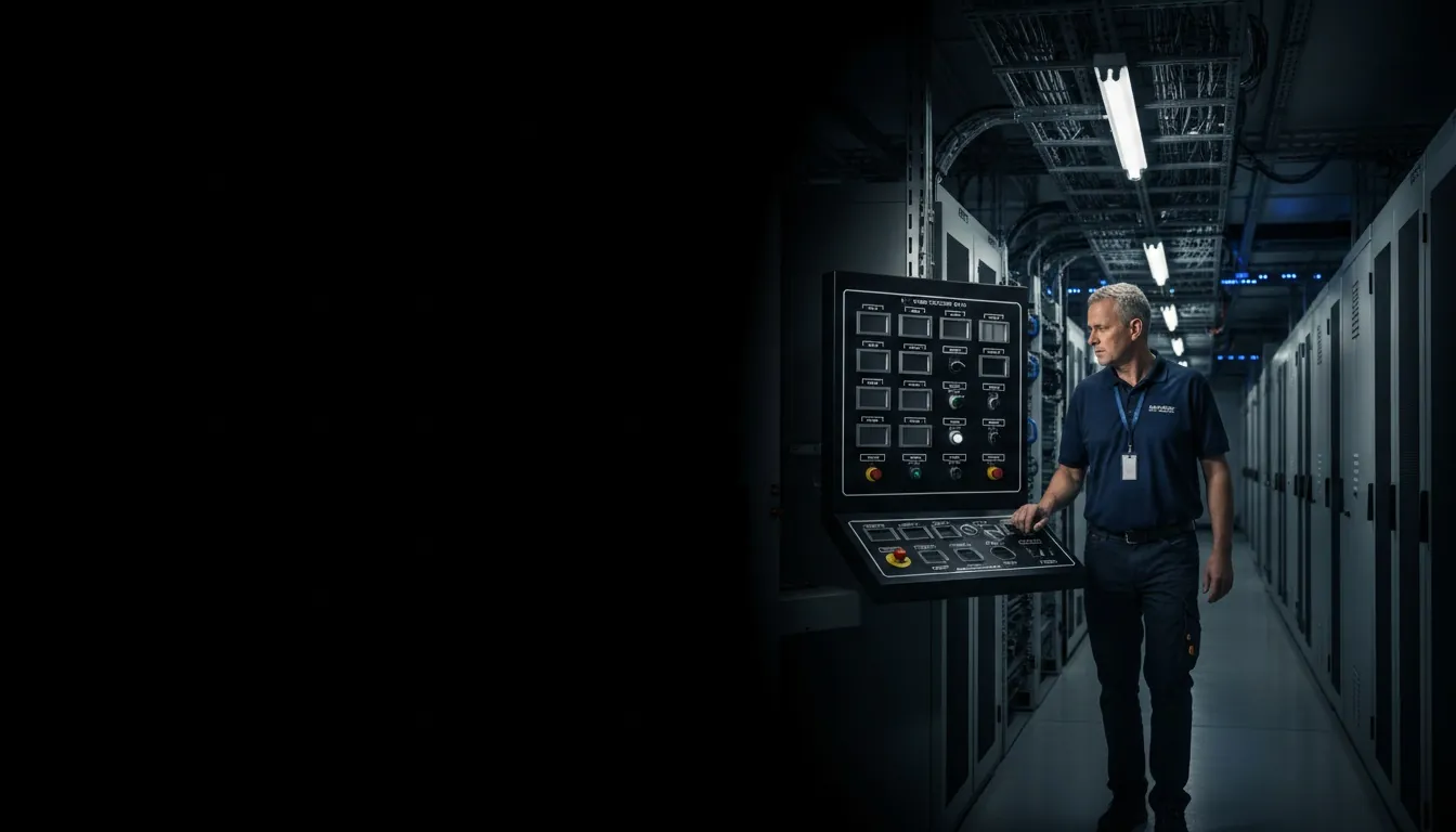Phenolic control panels for Ashburn, VA, worker in a locally-relevant environment with engraved labels visible, hero image with fade-to-black on the left for headline overlay.