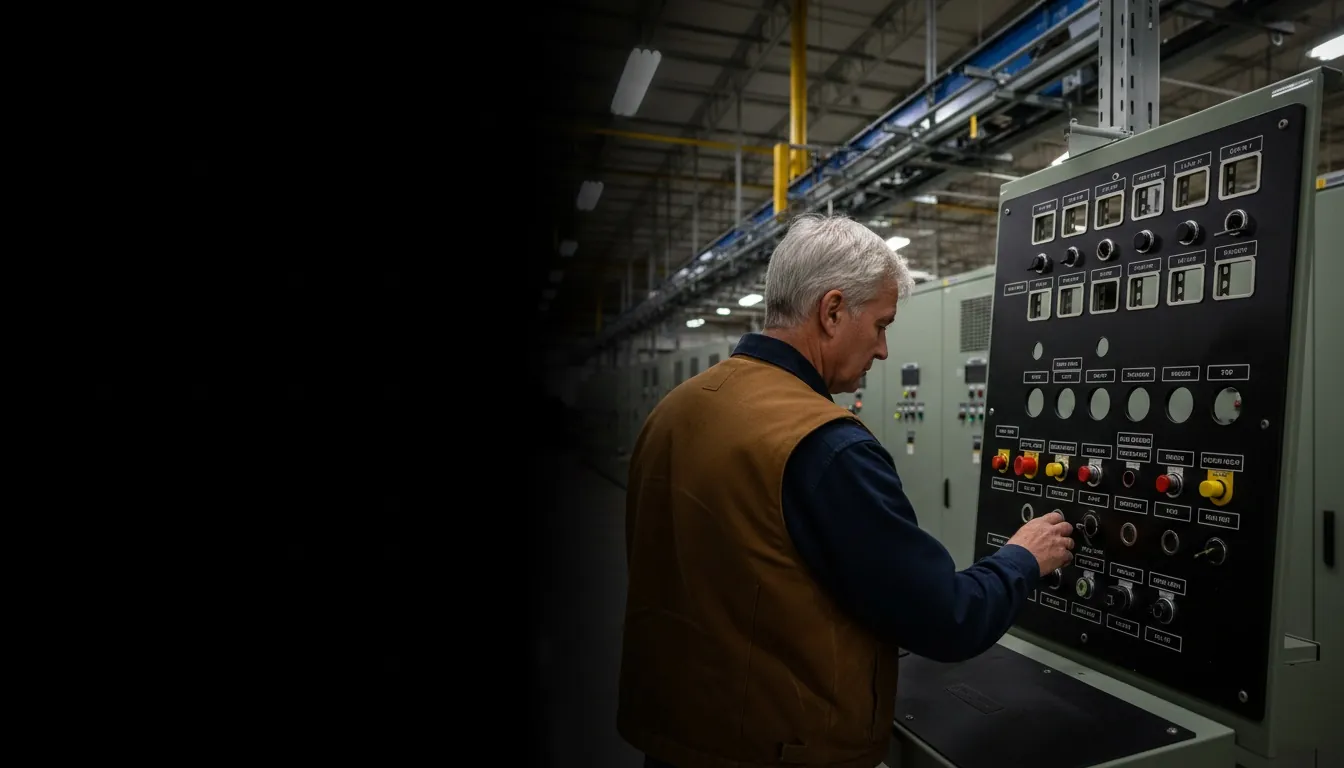 Phenolic control panels for Atlanta, GA, worker in a locally-relevant environment with engraved labels visible, hero image with fade-to-black on the left for headline overlay.