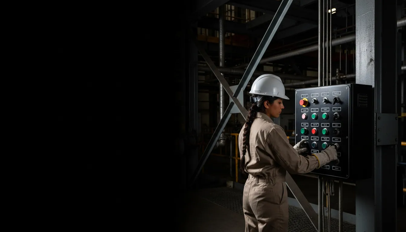 Phenolic control panels for Chicago Phenolic control panels for Chicago, IL, worker in a locally-relevant environment with engraved labels visible, hero image with fade-to-black on the left for headline overlay.