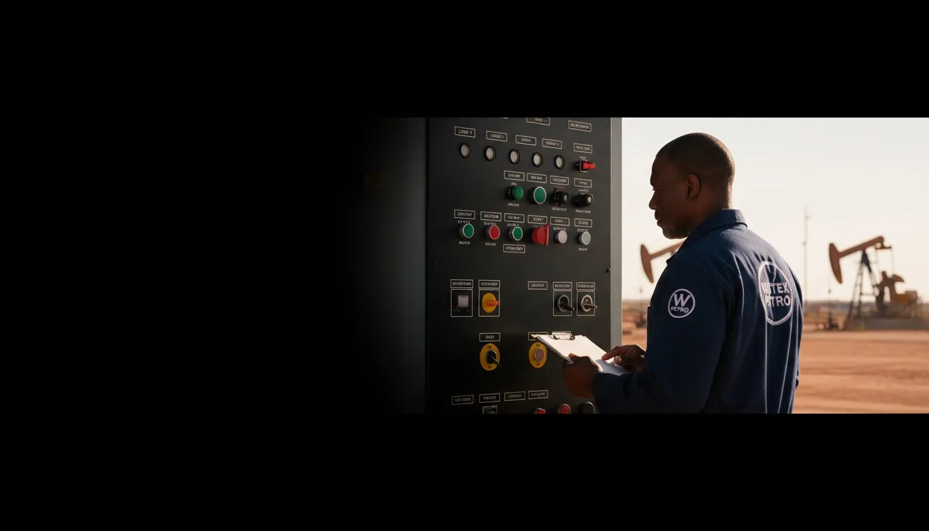 Phenolic control panels for Midland, TX, worker in a locally-relevant environment with engraved labels visible, hero image with fade-to-black on the left for headline overlay.