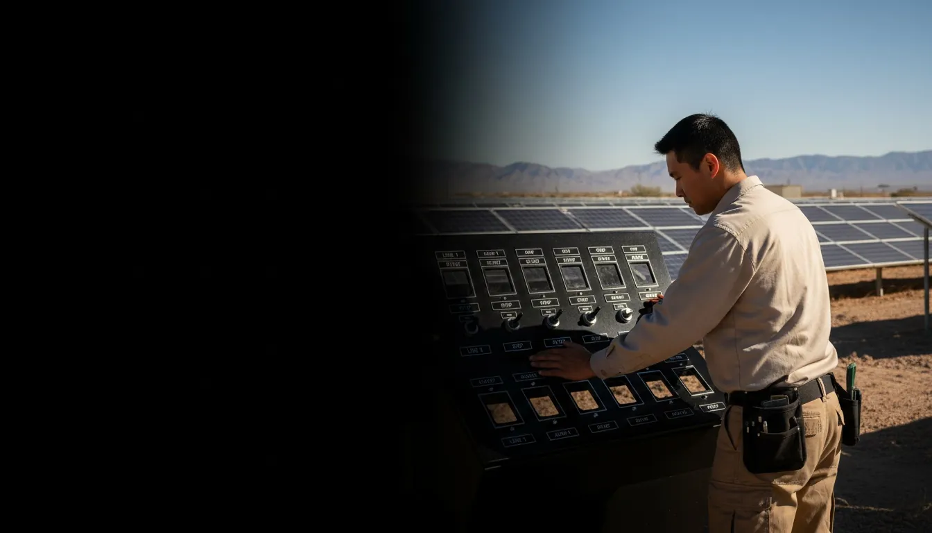 Phenolic control panels for Phoenix Phenolic control panels for Phoenix, AZ, worker in a locally-relevant environment with engraved labels visible, hero image with fade-to-black on the left for headline overlay.