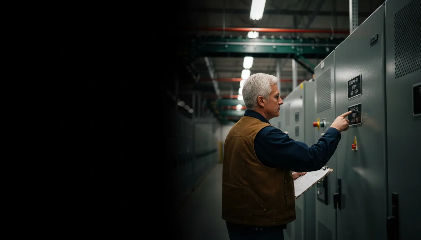 Phenolic nameplates for Atlanta, GA, worker in a locally-relevant environment with engraved labels visible, hero image with fade-to-black on the left for headline overlay.
