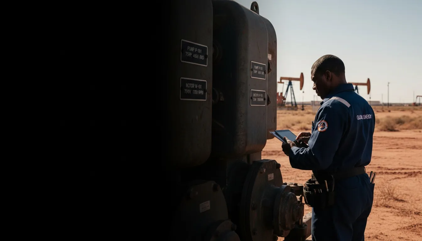 Phenolic nameplates for Midland, TX, worker in a locally-relevant environment with engraved labels visible, hero image with fade-to-black on the left for headline overlay.