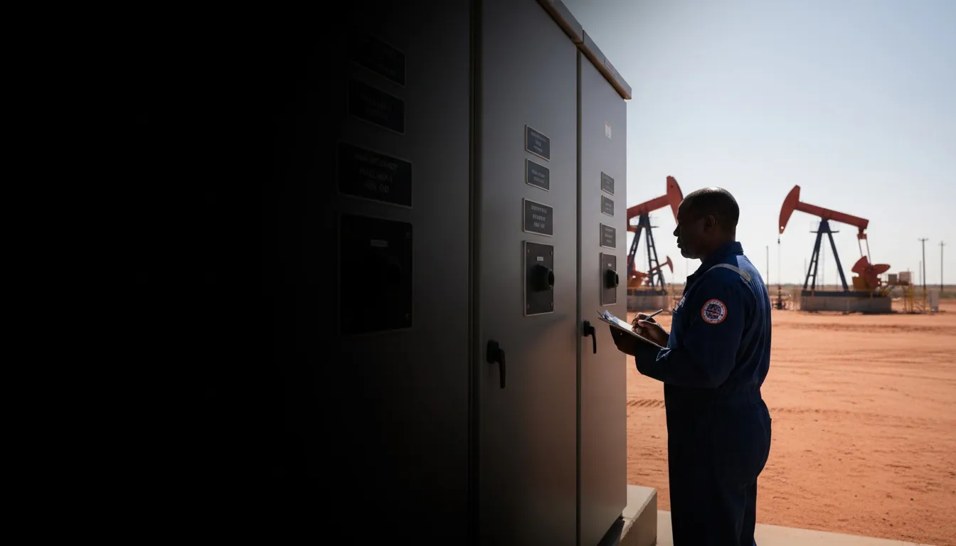 Phenolic panel labels for Midland, TX, worker in a locally-relevant environment with engraved labels visible, hero image with fade-to-black on the left for headline overlay.