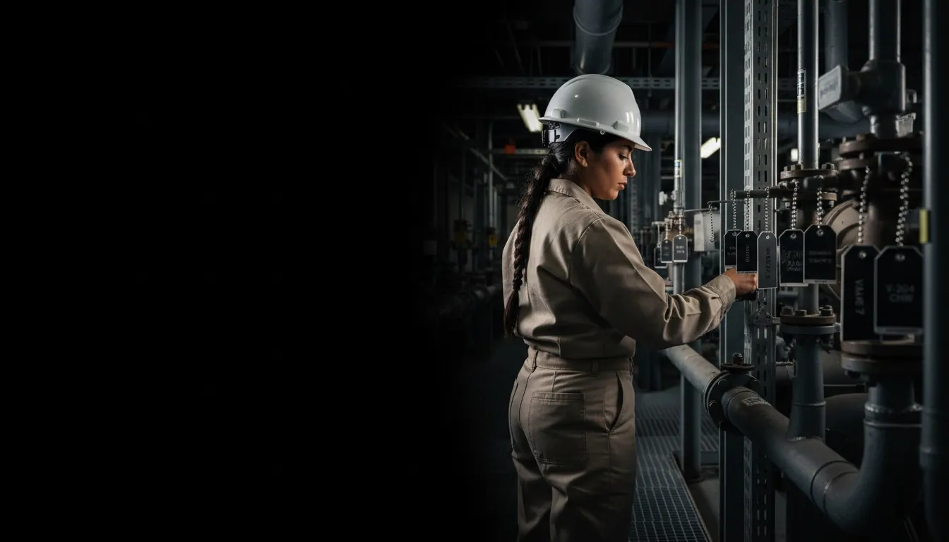 Phenolic tags for Chicago, IL, worker in a locally-relevant environment with engraved labels visible, hero image with fade-to-black on the left for headline overlay.