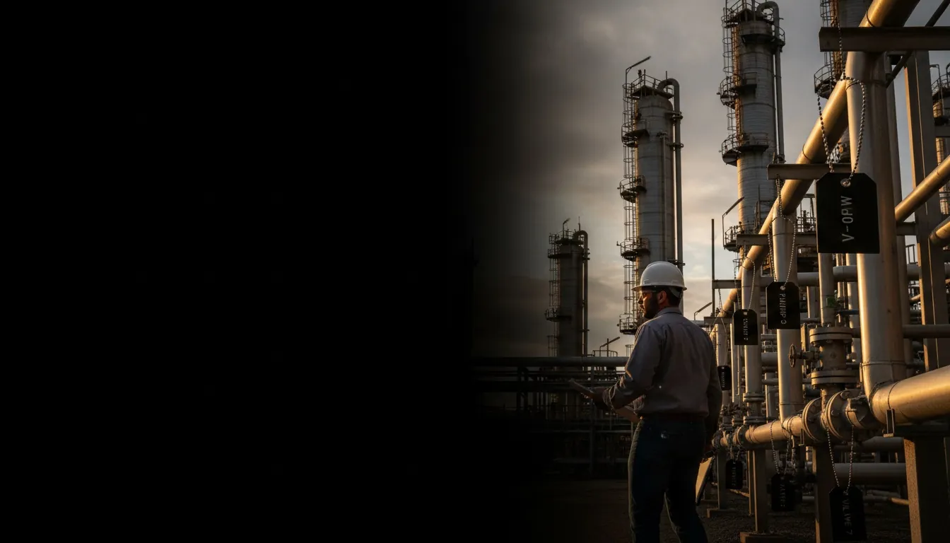 Phenolic tags for Houston, TX, worker in a locally-relevant environment with engraved labels visible, hero image with fade-to-black on the left for headline overlay.