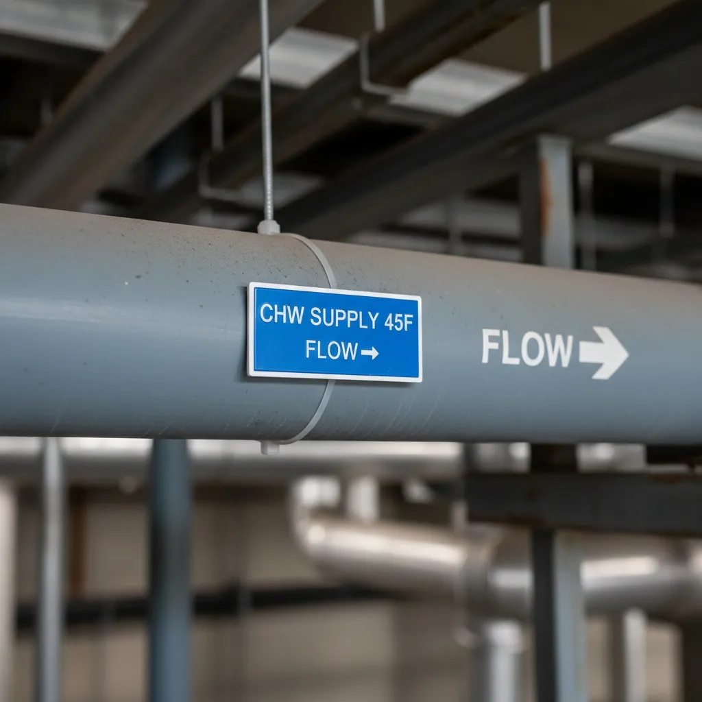 Pipe & Duct Identification Tags, blue-with-white-text rectangular lamacoid tag zip-tied to a painted industrial pipe marked with an arrow direction indicator, shown as an example of engraved lamacoid tags from Custom Phenolic Labels.