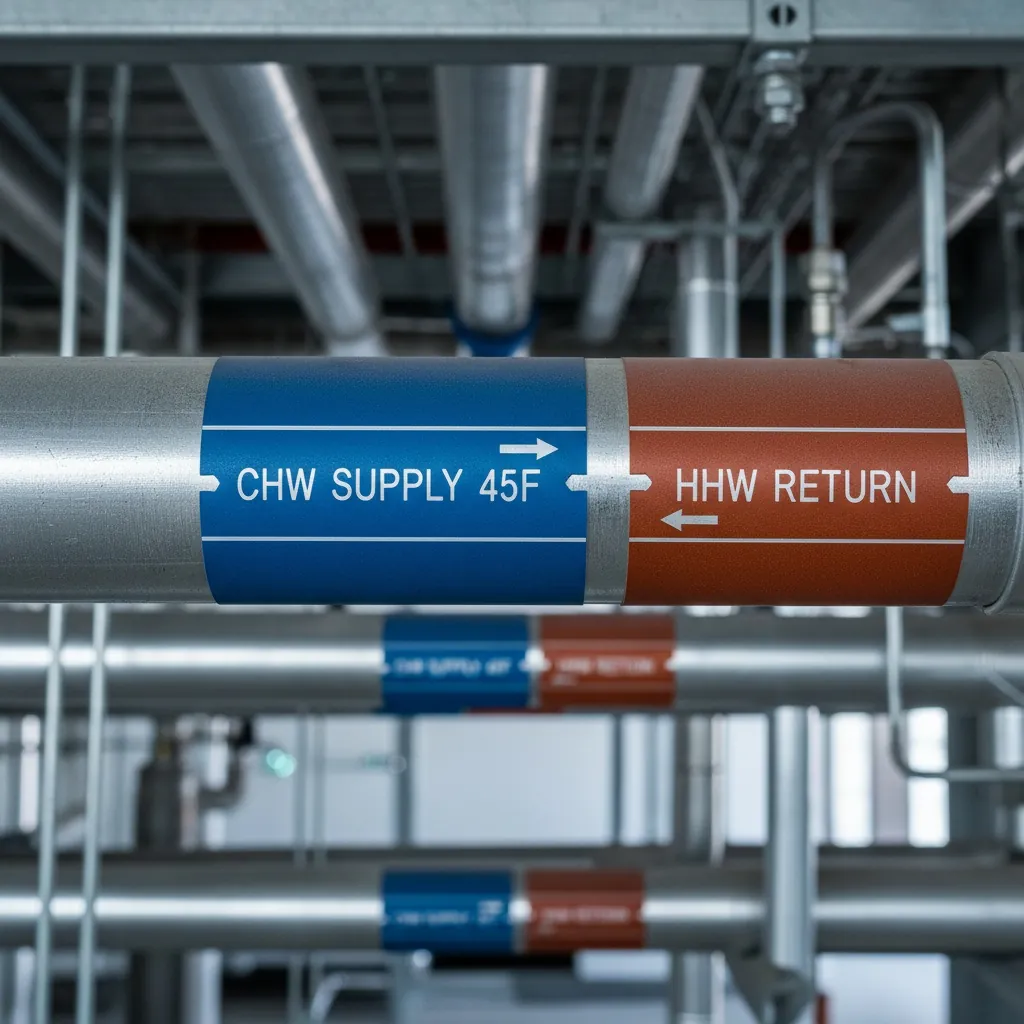 Pipe and Duct Markers, colored engraved phenolic pipe marker labels wrapped around insulated chilled water and hot water supply piping, shown as an example of engraved phenolic product for HVAC.