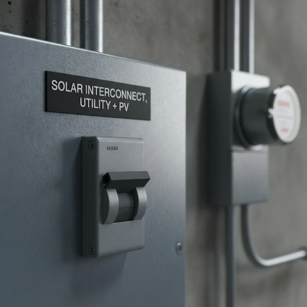 Point of Connection & Utility Labels Point of Connection & Utility Labels, grey electrical service panel exterior with an engraved phenolic dual-source utility label mounted above the main breaker, shown as an example of engraved solar pv labels from Custom Phenolic Labels.