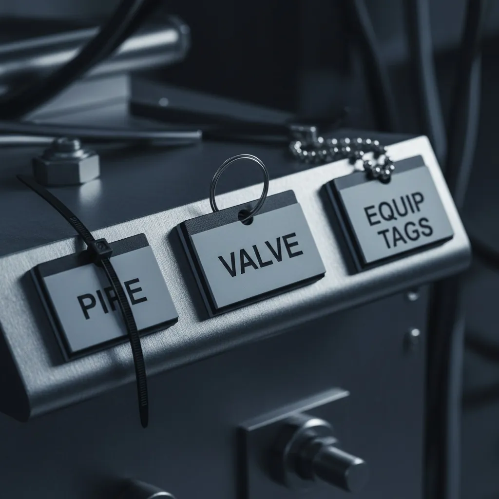 Pre-Drilled Attachment Holes, detail shot showing three lamacoid tags with different mounting hole configurations, one with zip tie threaded, shown as an example of engraved lamacoid tags from Custom Phenolic Labels.