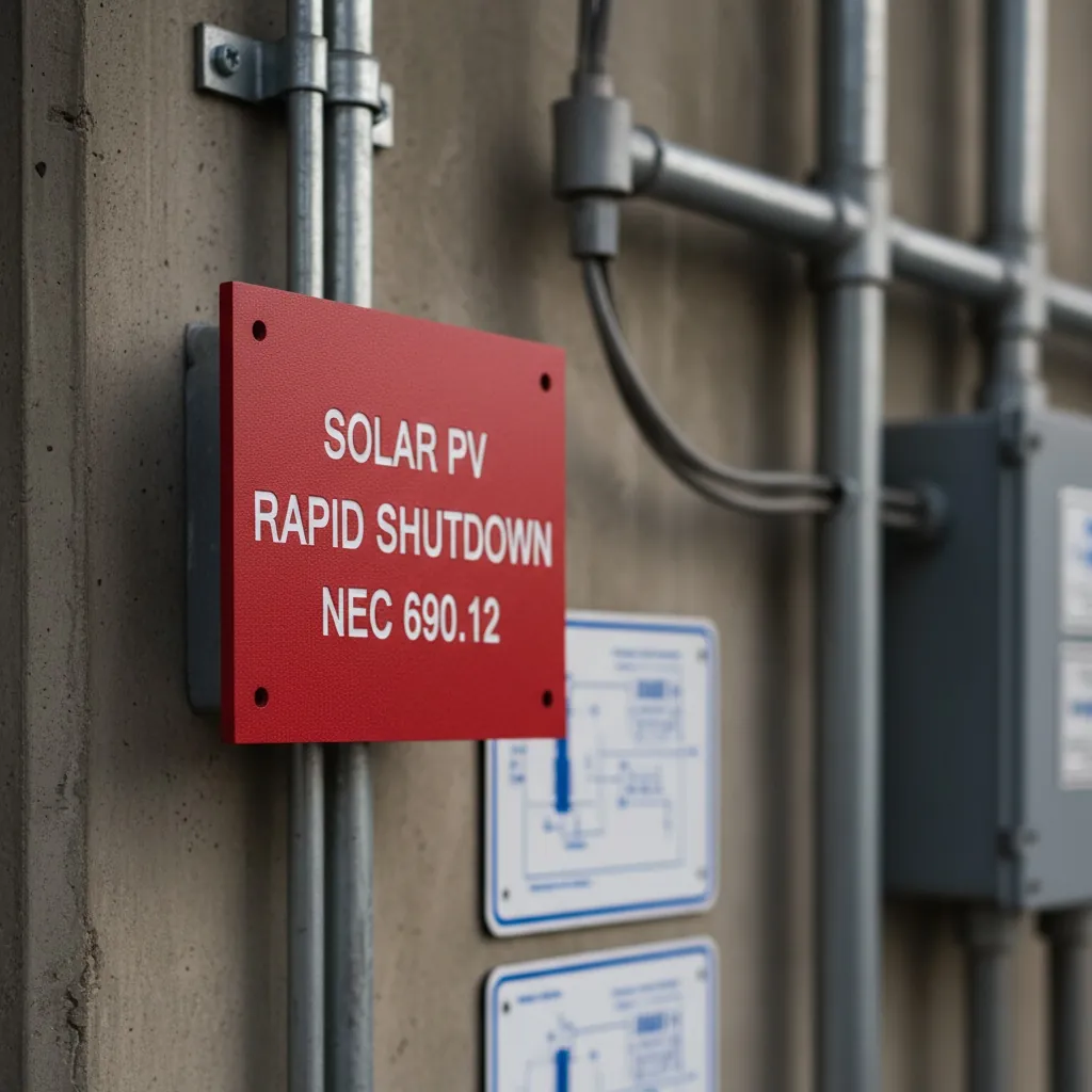 Rapid Shutdown System Labels Rapid Shutdown System Labels, red engraved phenolic RAPID SHUTDOWN placard mounted next to a building service entrance with additional placards showing system diagram details, shown as an example of engraved solar pv labels from Custom Phenolic Labels.