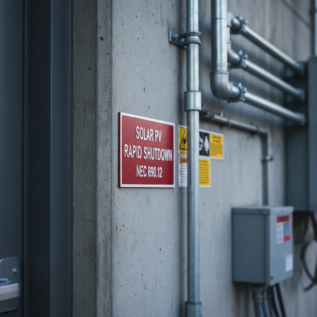 Rapid Shutdown System Labels, red engraved phenolic RAPID SHUTDOWN placard mounted beside a building service entrance next to solar-related warning placards, shown as an example of engraved phenolic product for Renewable Energy.
