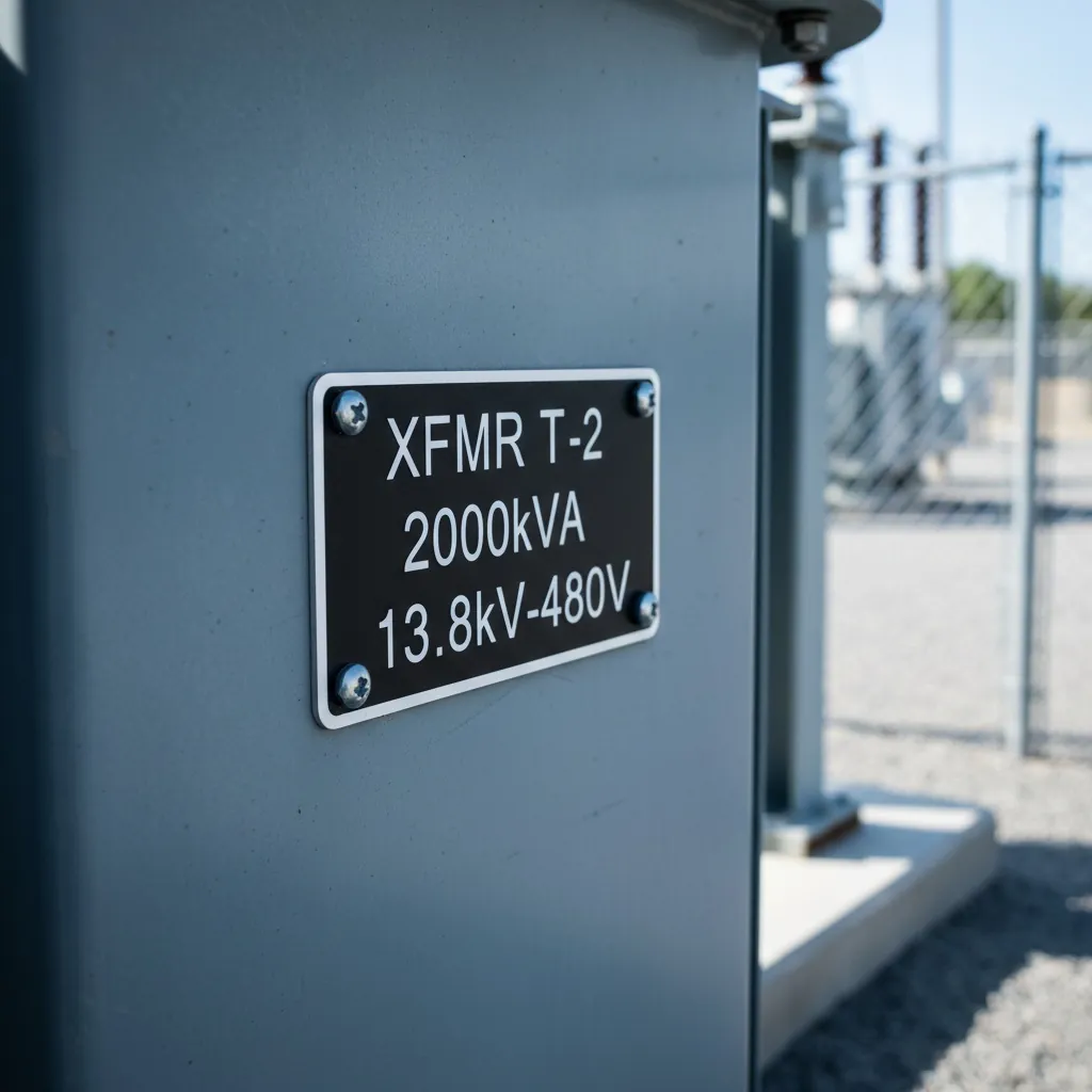 Rating & Specification Plates, rectangular engraved black phenolic specification nameplate screwed to the side of a grey electrical transformer, shown as an example of engraved phenolic nameplates from Custom Phenolic Labels.
