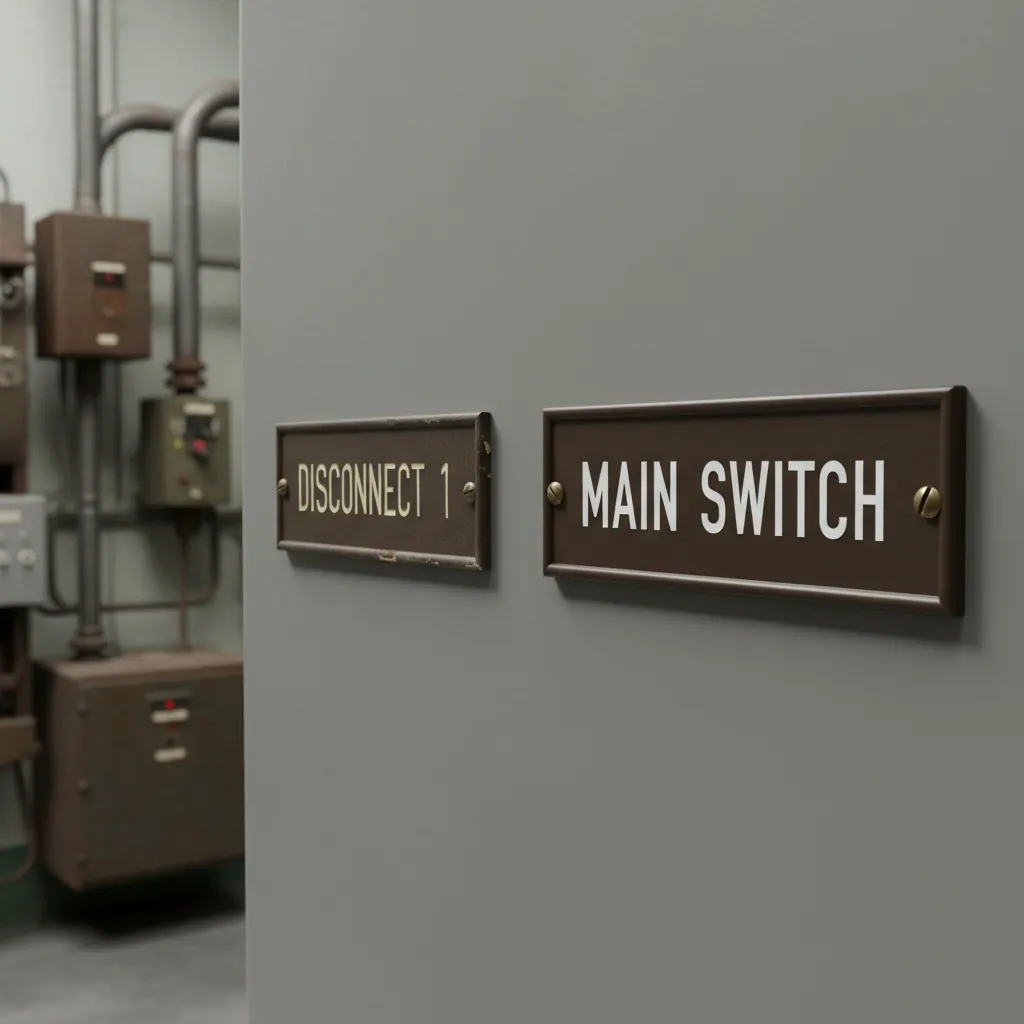 Restoration & Period-Correct Labels, ged industrial cabinet door with a pair of matching dark Bakelite-style labels, shown as an example of engraved bakelite labels from Custom Phenolic Labels.