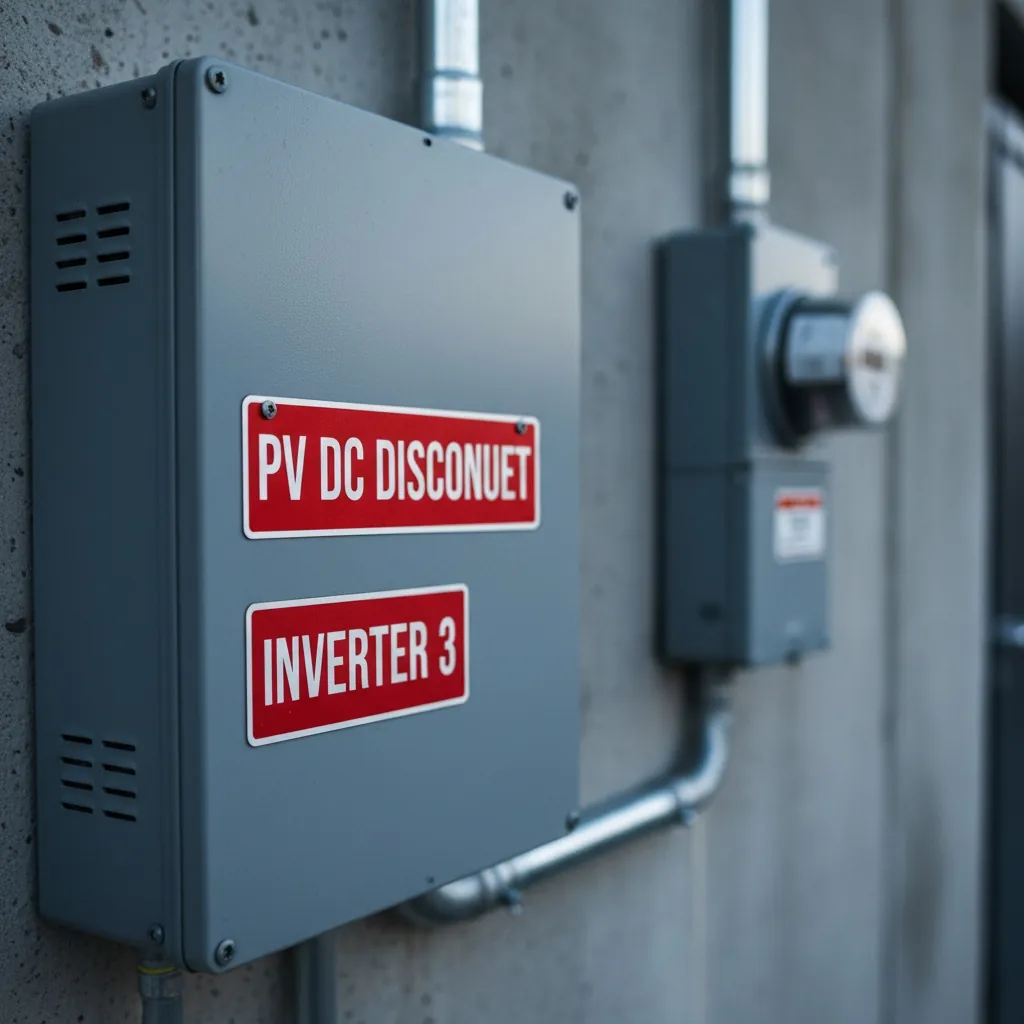 Solar PV Disconnect and Inverter Labels, grey wall-mounted string inverter with red-on-white NEC engraved phenolic warning labels screwed to the housing, shown as an example of engraved phenolic product for Renewable Energy.