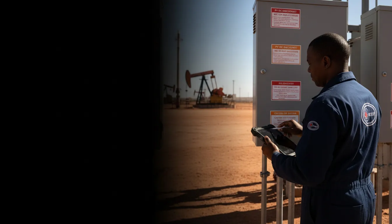 Solar pv labels for Midland, TX, worker in a locally-relevant environment with engraved labels visible, hero image with fade-to-black on the left for headline overlay.