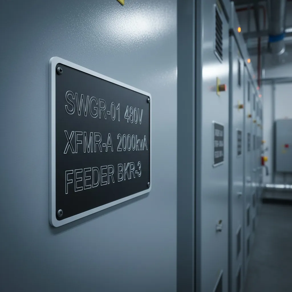 Switchgear & Transformer Labels, medium-voltage switchgear cabinet front with large engraved black phenolic identification plates mounted to the cubicle face, shown as an example of engraved phenolic labels from Custom Phenolic Labels.